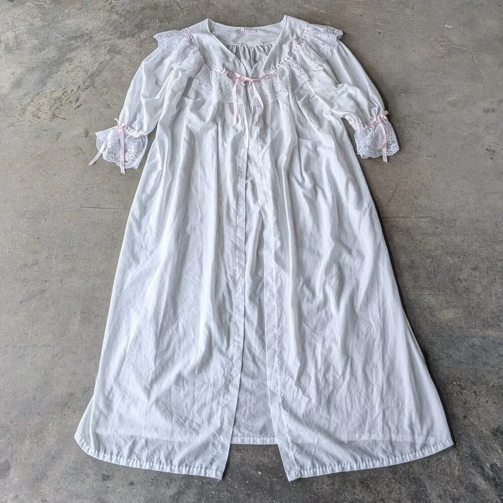 Vintage 80s Maternity Robe White Lace Ruffle Open Front Loungewear medium